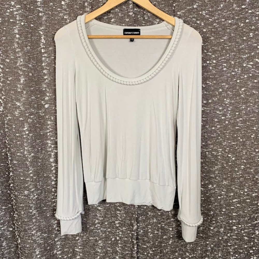 Emporio Armani Long Sleeve Scoop Neck Braided Trim Top Preppy Women's 4